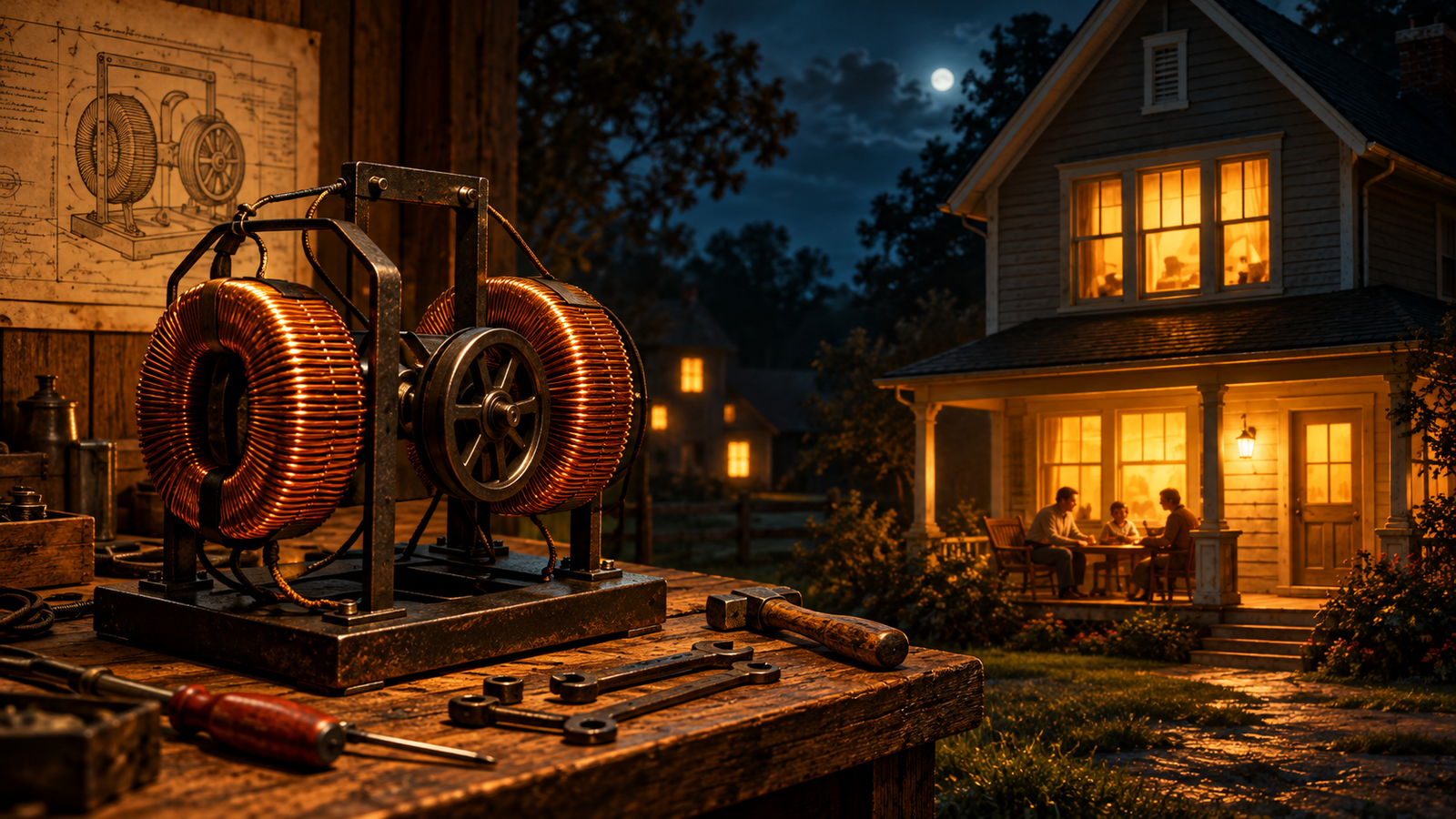 Antique copper-coil generator in a workshop beside a warmly lit family home at night